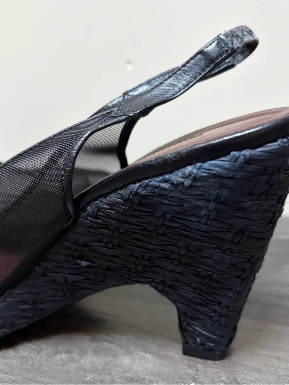 Donald Pliner Black Mesh Raffia Slingback Wedge Heel Sandals Leather Spain Sz 9